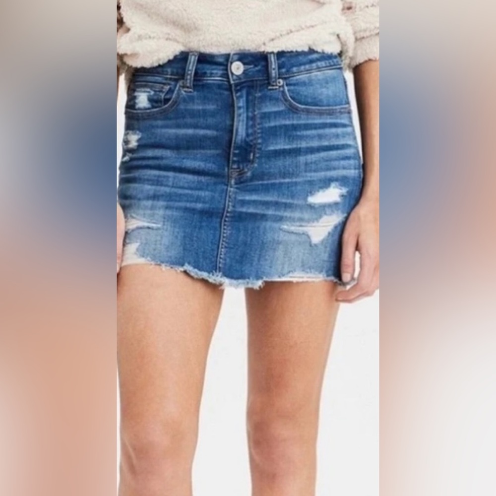 America Eagle Distressed High Rise Denim Mini Skirt, Blue, Size US2, EUC